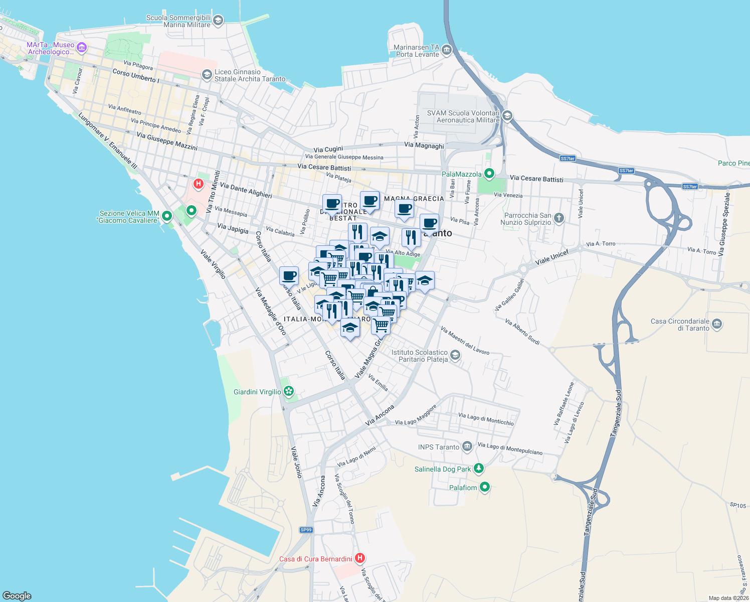 map of restaurants, bars, coffee shops, grocery stores, and more near 7 Via Dalmazia in Taranto
