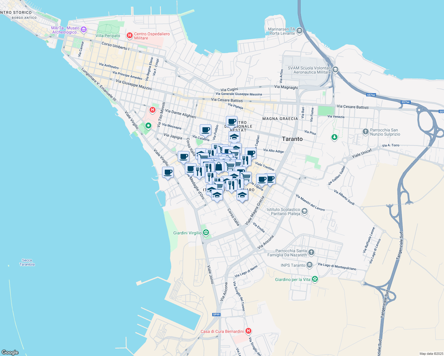 map of restaurants, bars, coffee shops, grocery stores, and more near 59 Via Emilia in Taranto