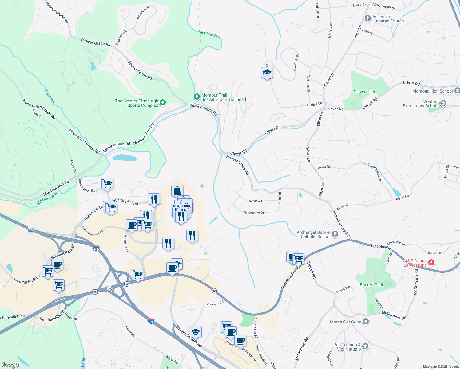 map of restaurants, bars, coffee shops, grocery stores, and more near 52 Bellview Cir in McKees Rocks