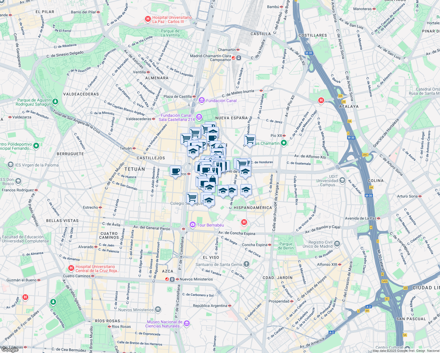 map of restaurants, bars, coffee shops, grocery stores, and more near 38 Calle Padre Damián in Madrid