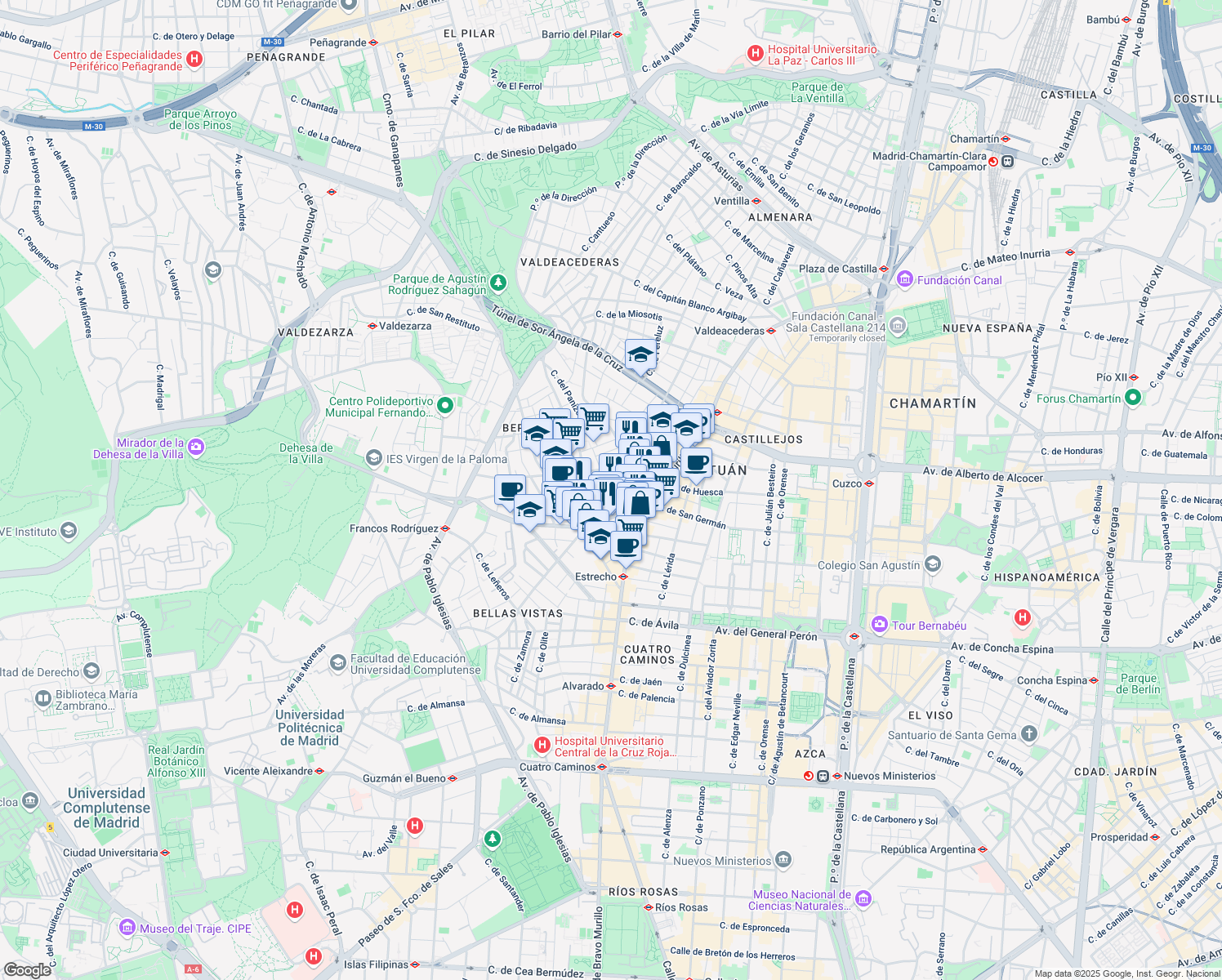 map of restaurants, bars, coffee shops, grocery stores, and more near 11 Calle Juan del Risco in Madrid