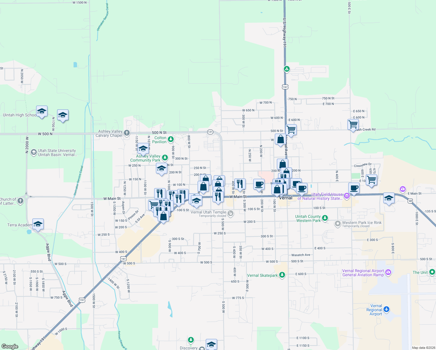 map of restaurants, bars, coffee shops, grocery stores, and more near 163 North 500 West in Vernal