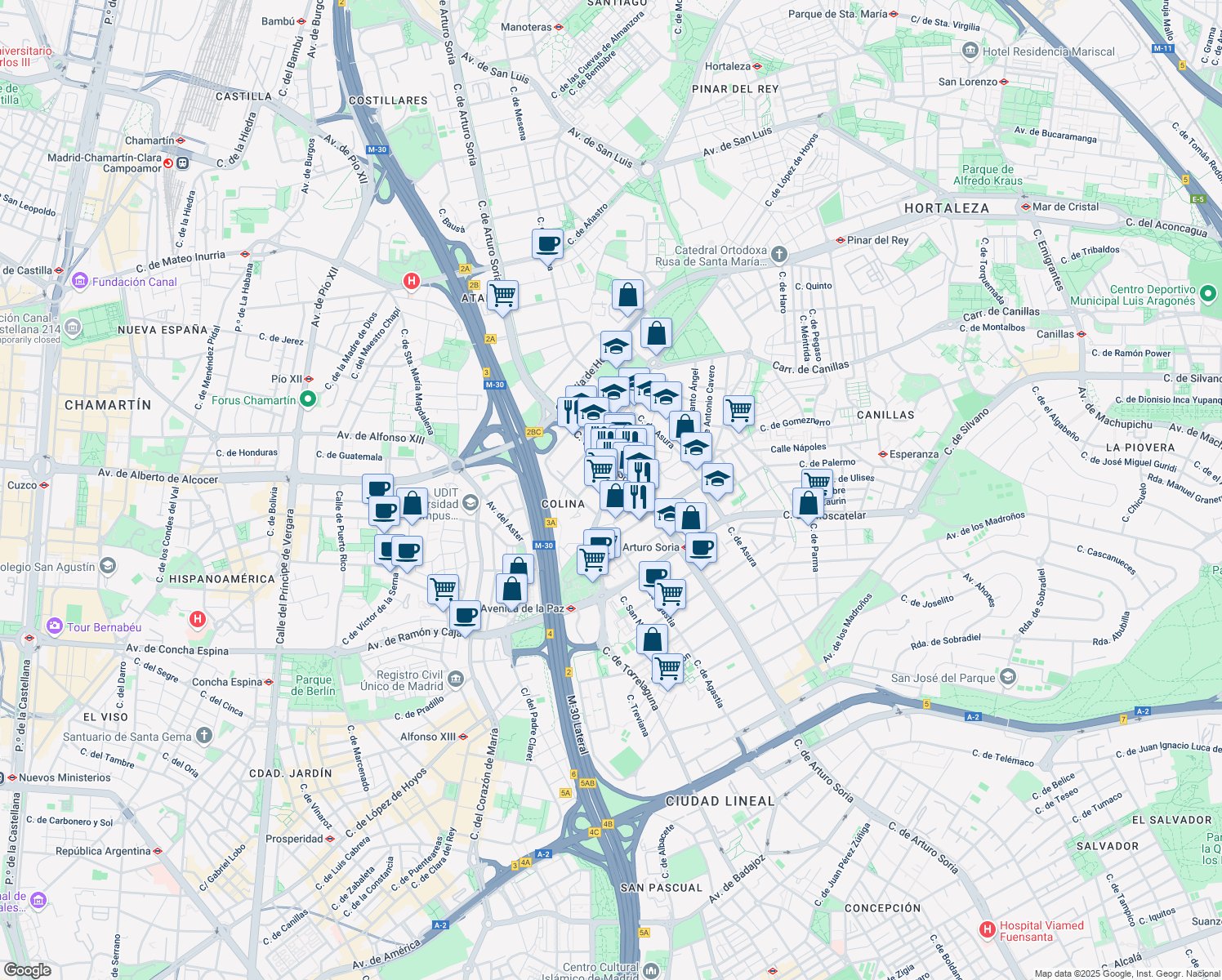 map of restaurants, bars, coffee shops, grocery stores, and more near 350 Calle de López de Hoyos in Madrid