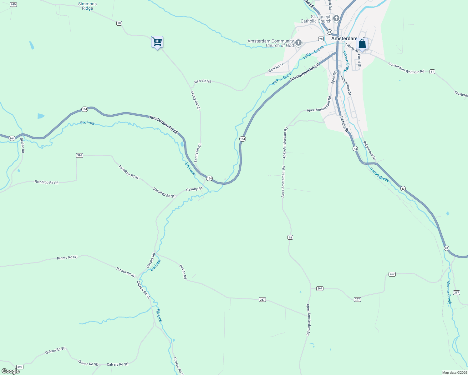 map of restaurants, bars, coffee shops, grocery stores, and more near 12014 Ohio 164 in Amsterdam