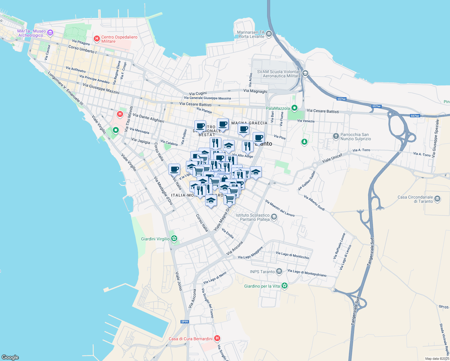 map of restaurants, bars, coffee shops, grocery stores, and more near 7 Via Dalmazia in Taranto