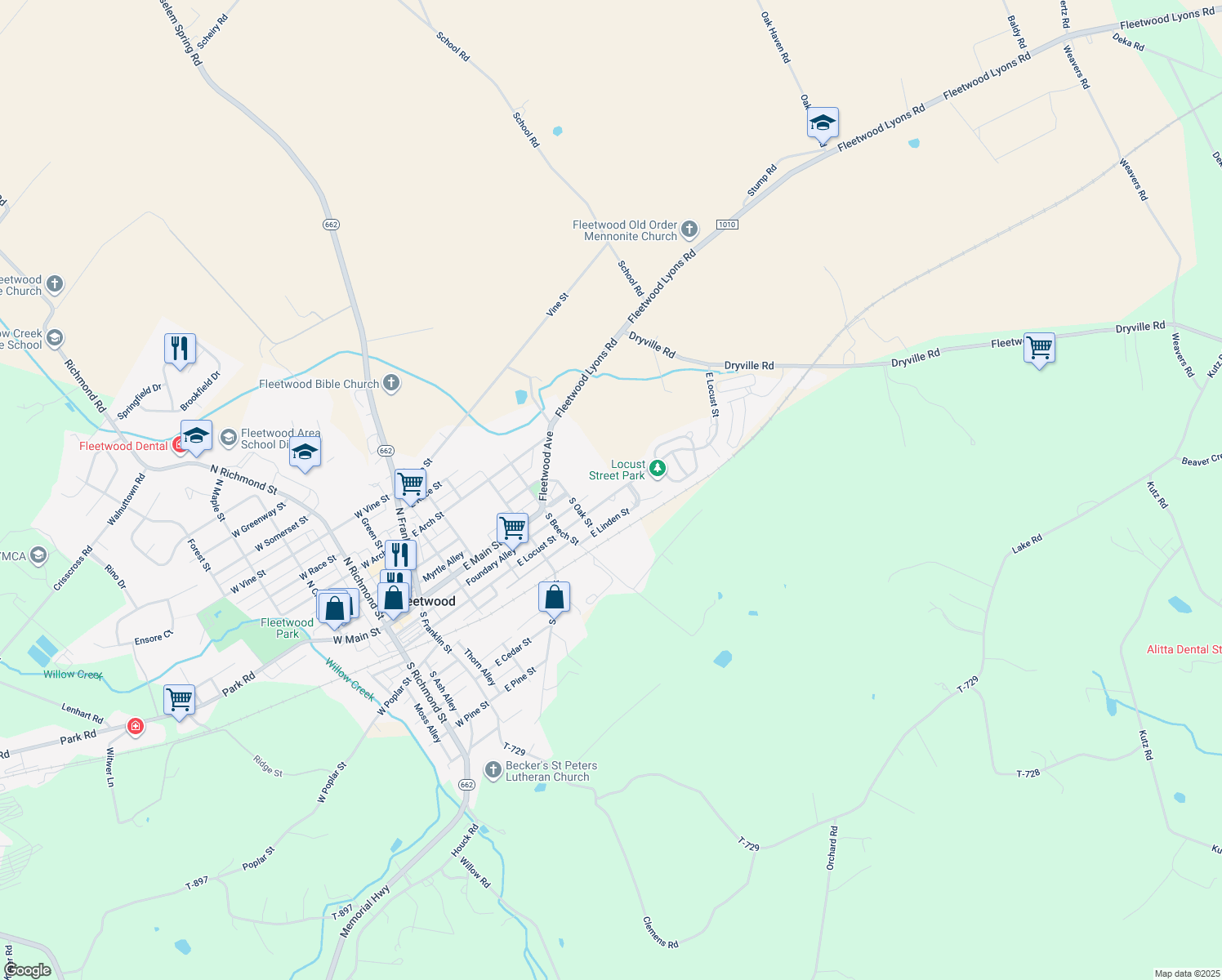 map of restaurants, bars, coffee shops, grocery stores, and more near 525 East Locust Street in Fleetwood