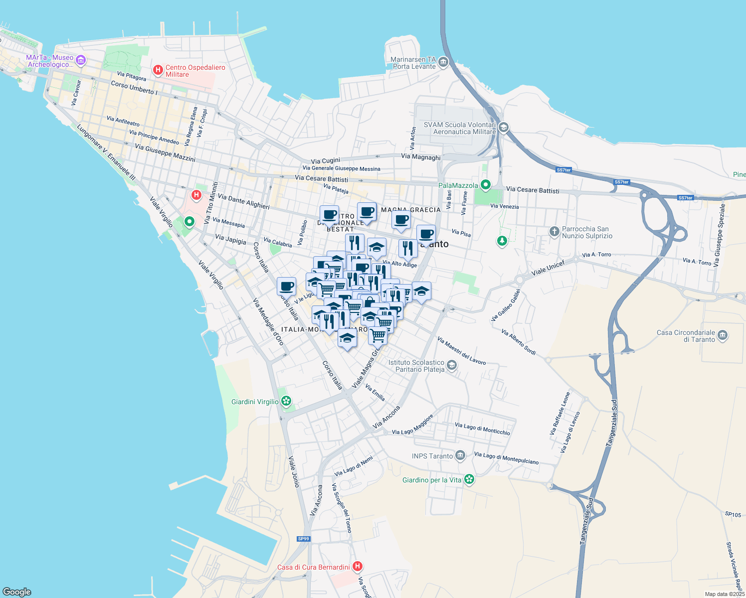 map of restaurants, bars, coffee shops, grocery stores, and more near 7 Via Dalmazia in Taranto