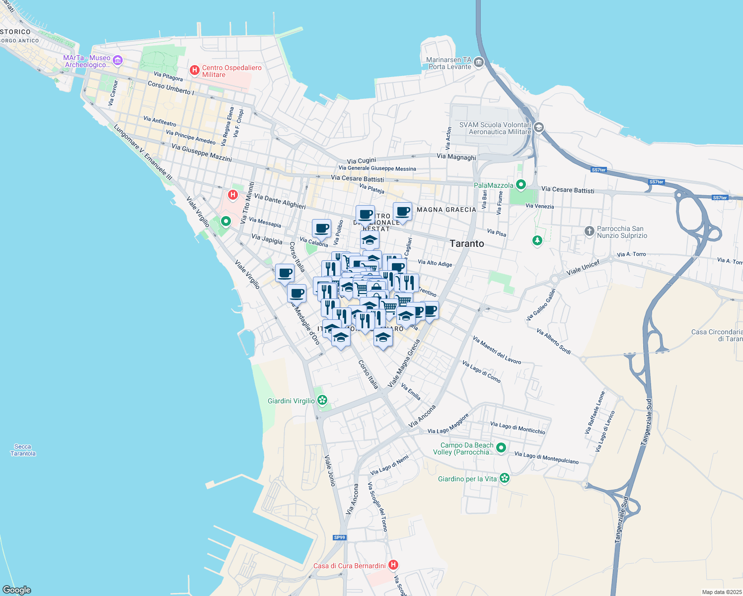 map of restaurants, bars, coffee shops, grocery stores, and more near 61 Viale Liguria in Taranto