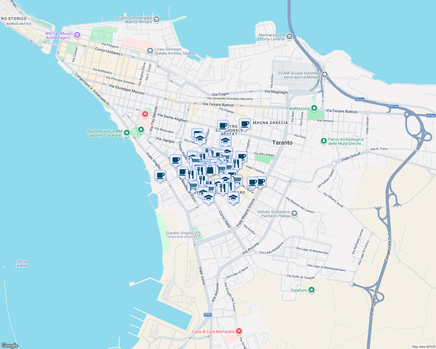 map of restaurants, bars, coffee shops, grocery stores, and more near 59 Via Emilia in Taranto