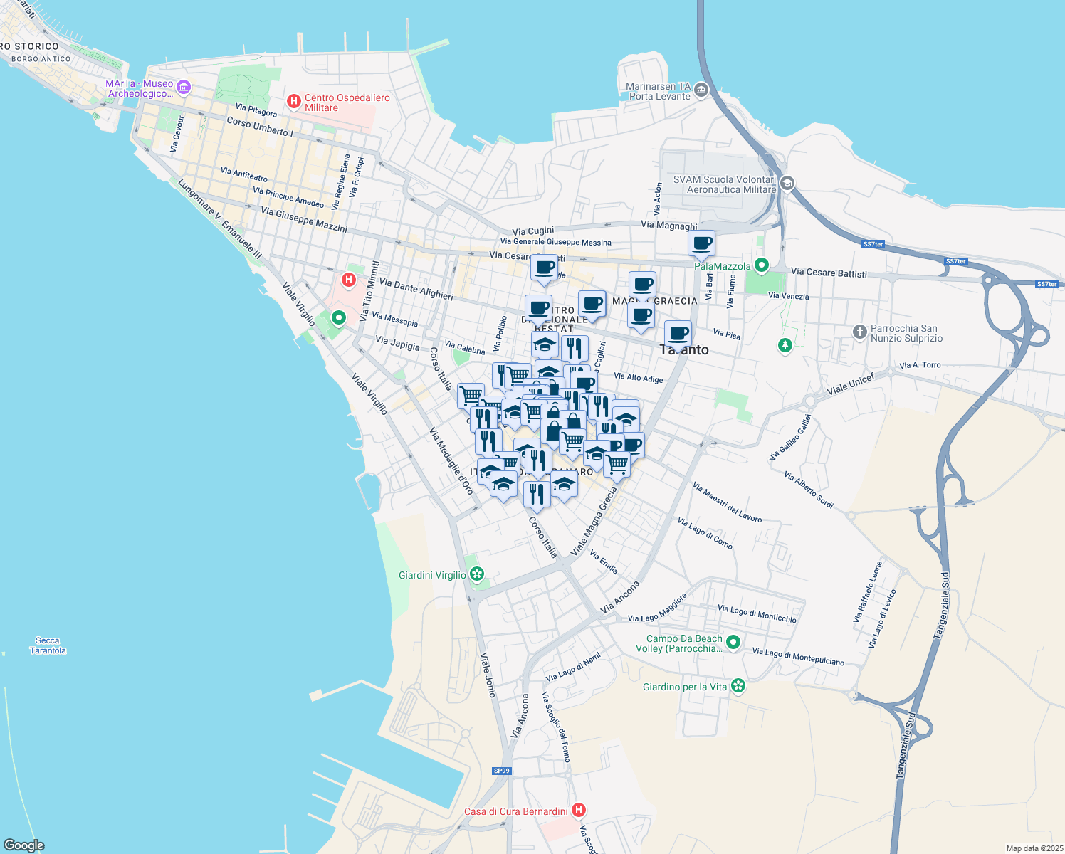 map of restaurants, bars, coffee shops, grocery stores, and more near 61 Viale Liguria in Taranto