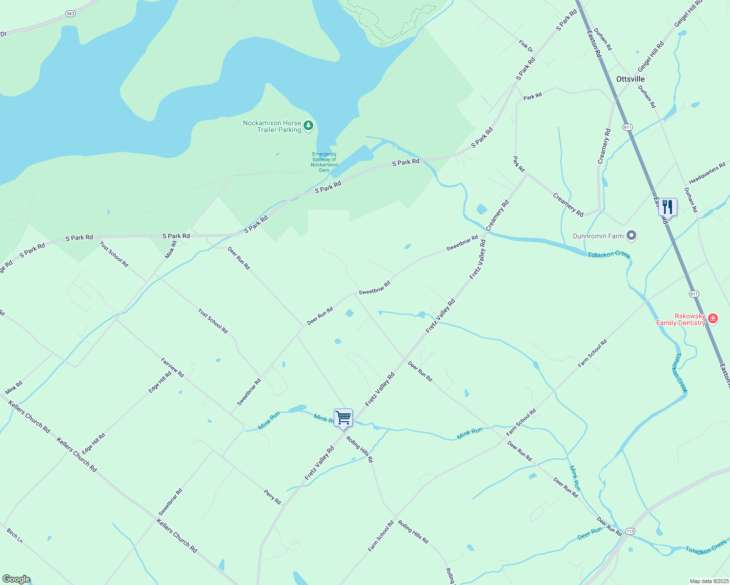 map of restaurants, bars, coffee shops, grocery stores, and more near 1945 Sweetbriar Road in Ottsville