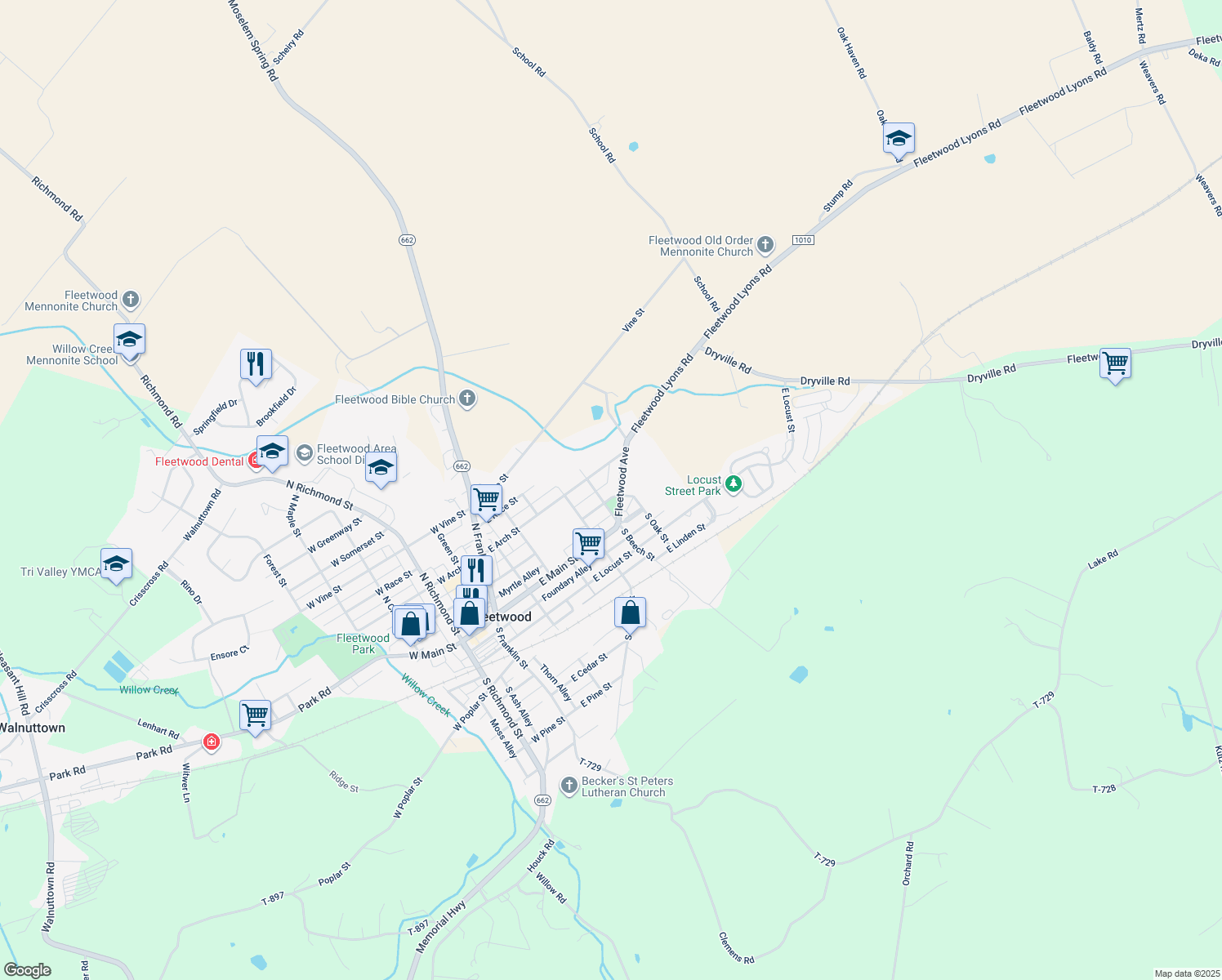 map of restaurants, bars, coffee shops, grocery stores, and more near 100 Fleetwood Avenue in Fleetwood