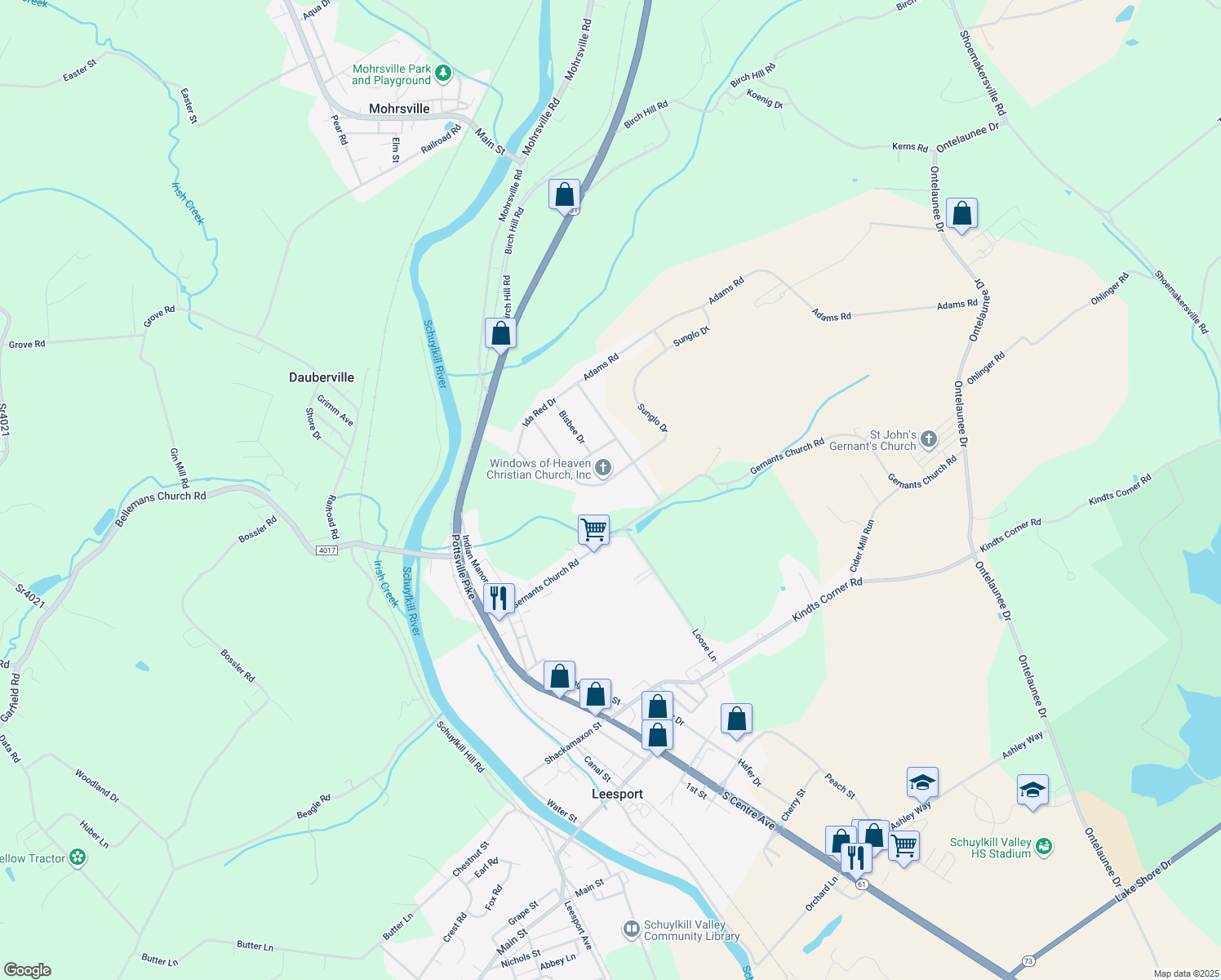 map of restaurants, bars, coffee shops, grocery stores, and more near 63 Sunglo Drive in Leesport