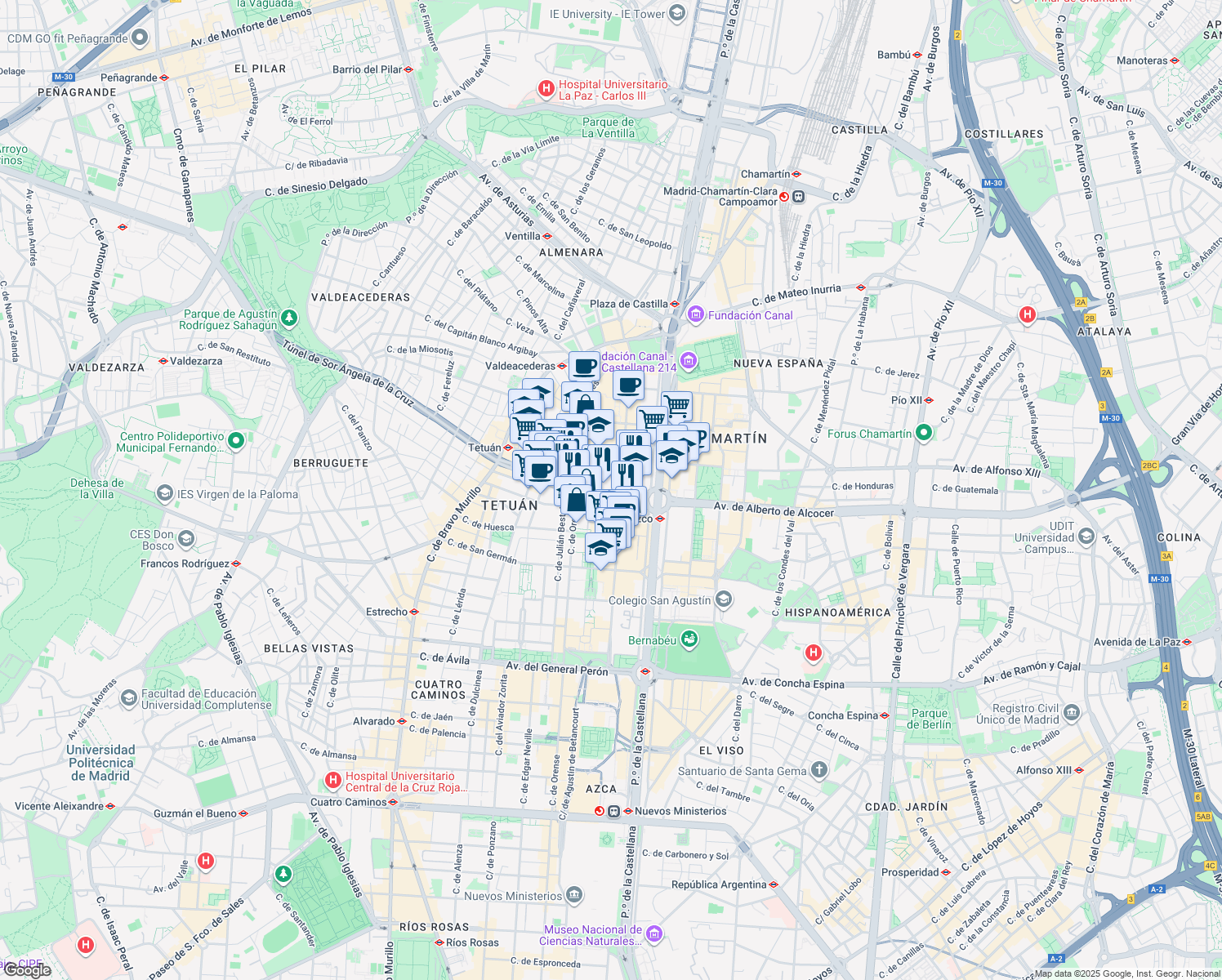 map of restaurants, bars, coffee shops, grocery stores, and more near 6 Calle de Sor Ángela de la Cruz in Madrid