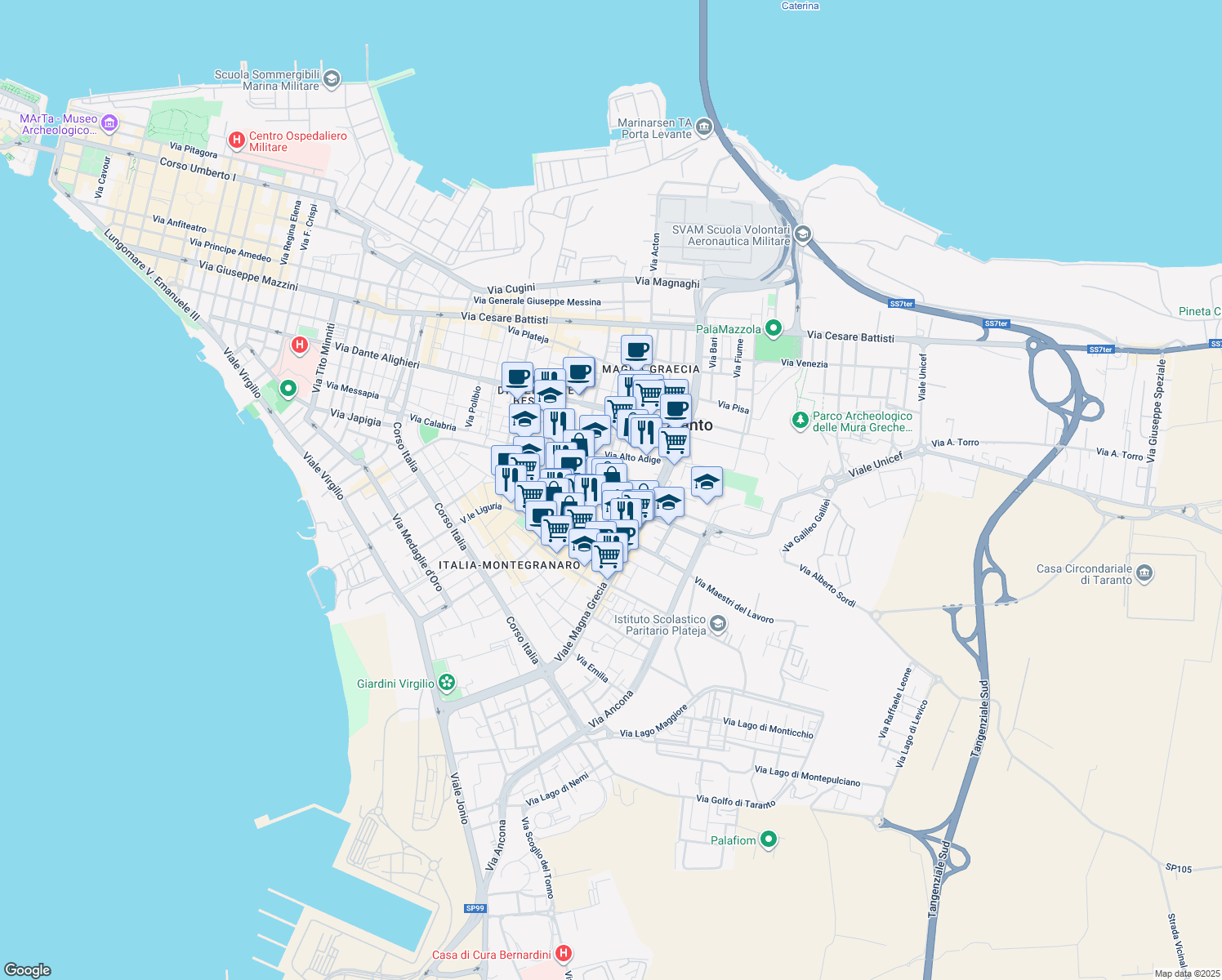 map of restaurants, bars, coffee shops, grocery stores, and more near 19 Via Cadore in Taranto