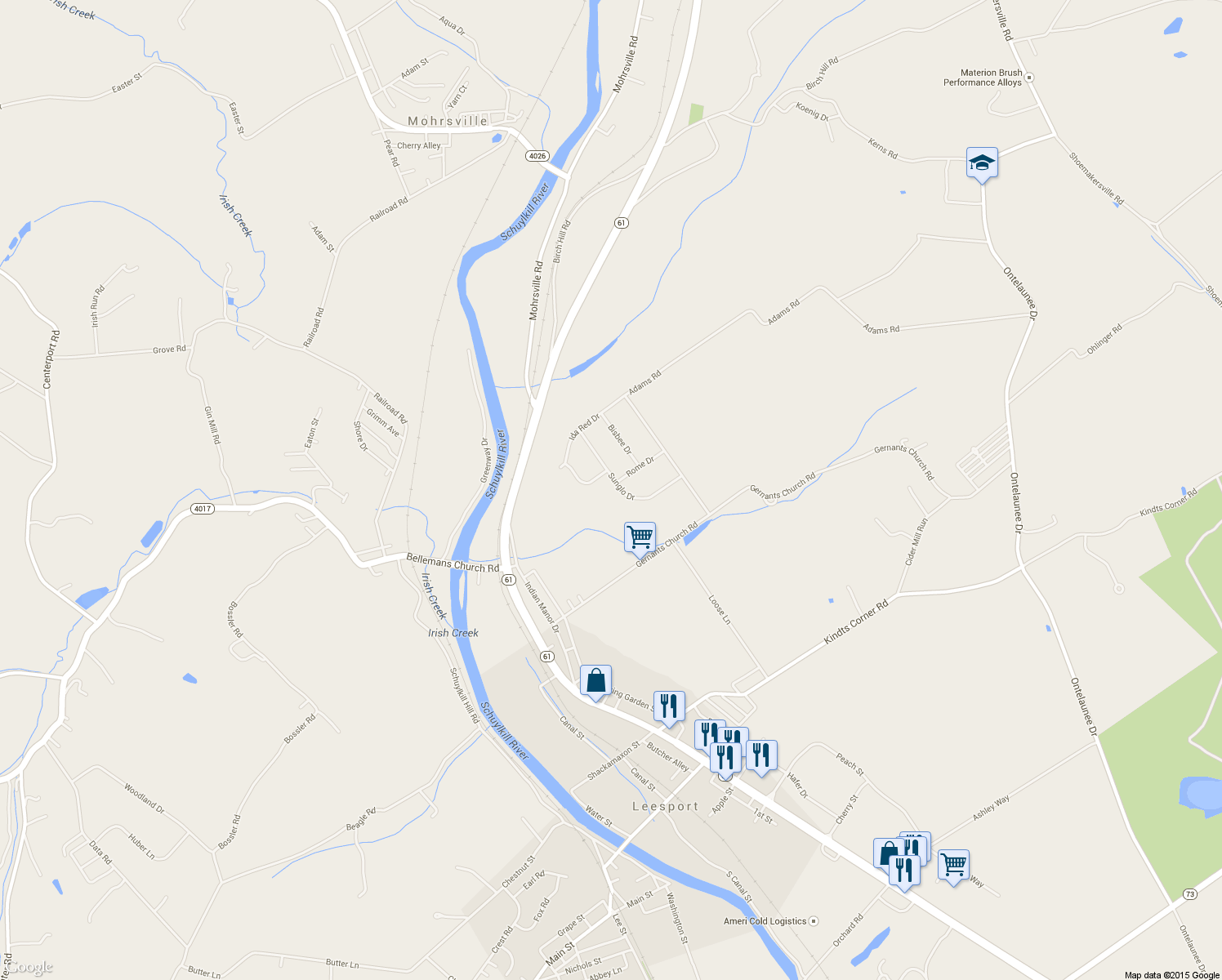 map of restaurants, bars, coffee shops, grocery stores, and more near 39 Sunglo Dr in Leesport