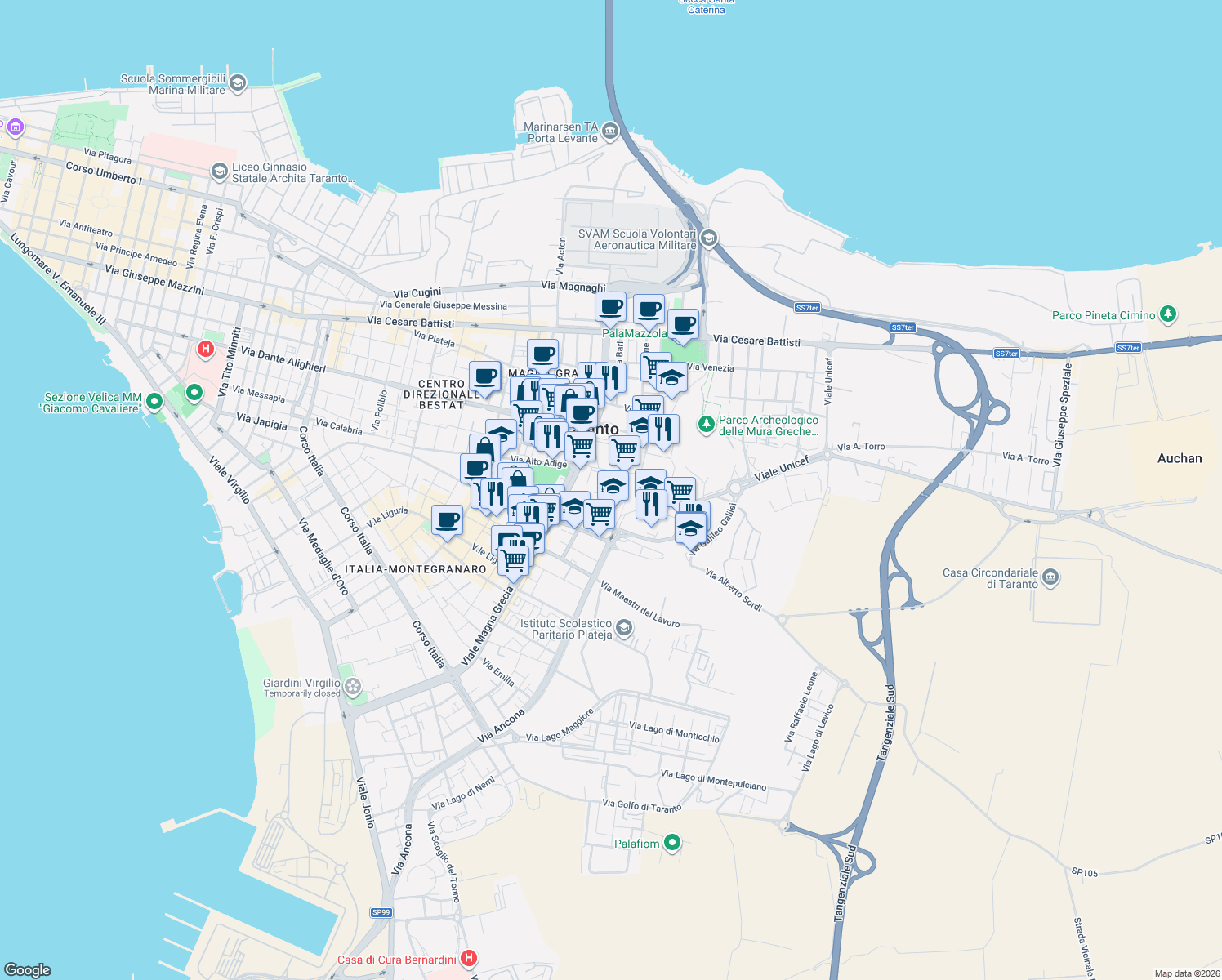 map of restaurants, bars, coffee shops, grocery stores, and more near 27 Via Lago D'Arvo in Taranto