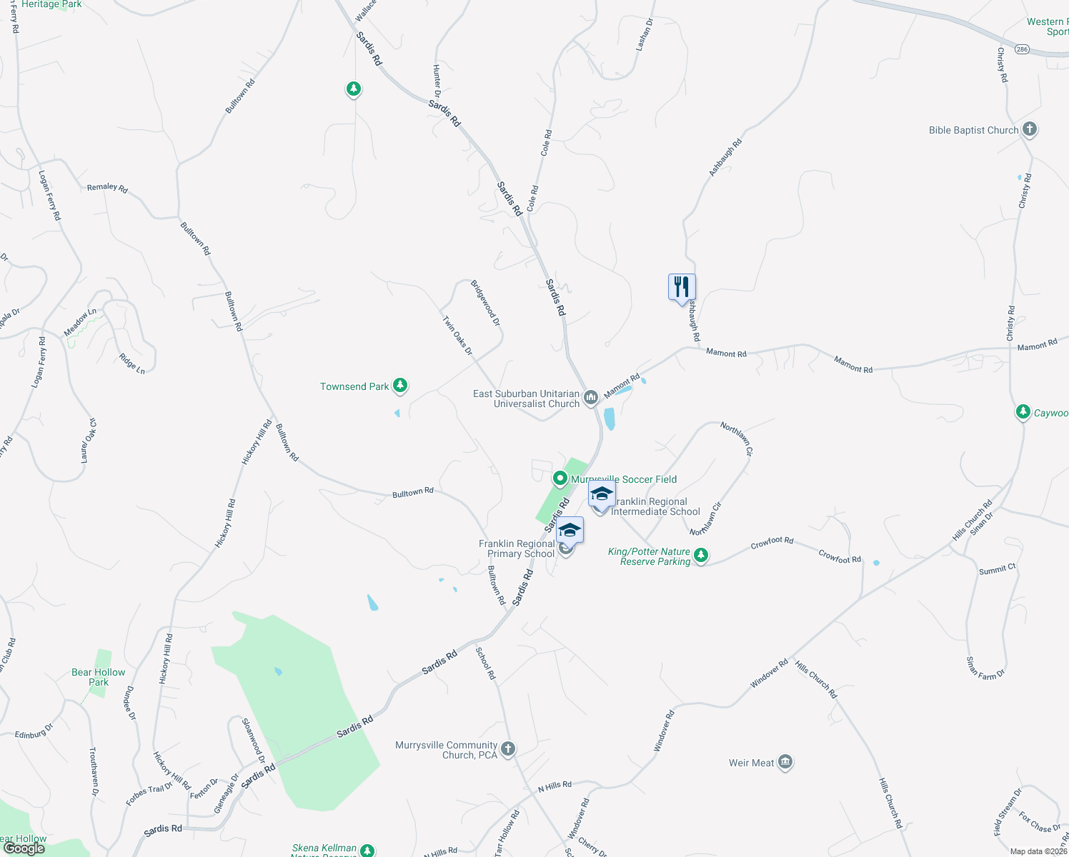 map of restaurants, bars, coffee shops, grocery stores, and more near 4396 Twin Oaks Dr in Murrysville