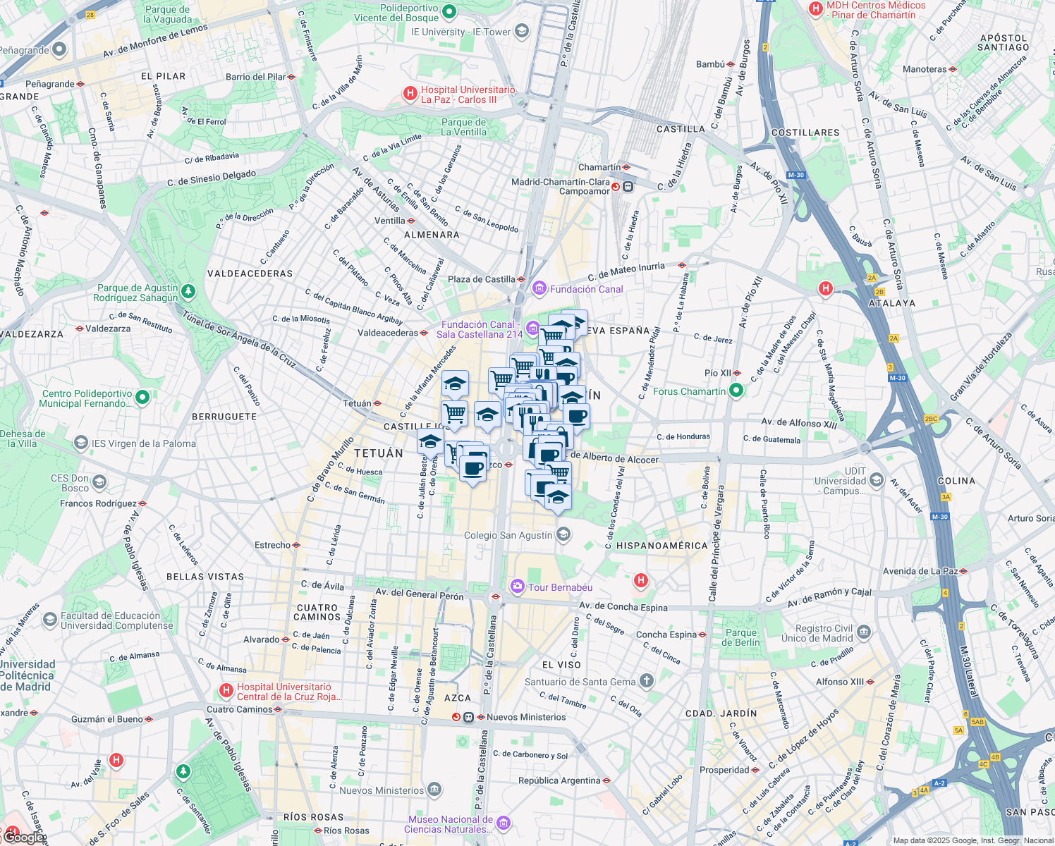 map of restaurants, bars, coffee shops, grocery stores, and more near 4 Calle de Juan Hurtado de Mendoza in Madrid