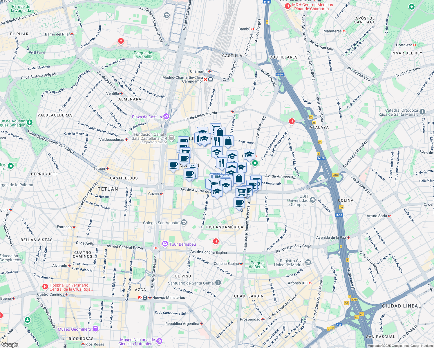 map of restaurants, bars, coffee shops, grocery stores, and more near 24 Calle de Fray Bernardino Sahagún in Madrid
