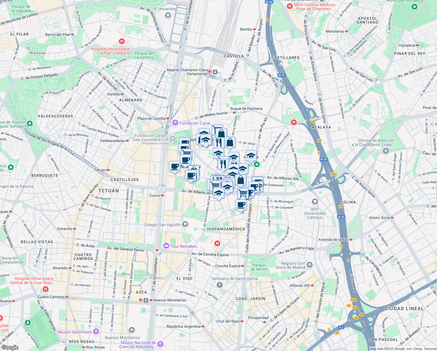 map of restaurants, bars, coffee shops, grocery stores, and more near 24 Calle de Fray Bernardino Sahagún in Madrid