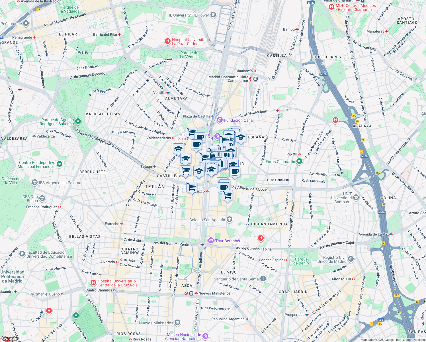 map of restaurants, bars, coffee shops, grocery stores, and more near 4 Calle de Juan Hurtado de Mendoza in Madrid