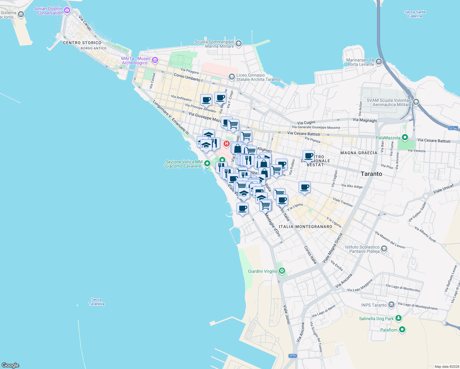 map of restaurants, bars, coffee shops, grocery stores, and more near 53 Viale Virgilio in Taranto