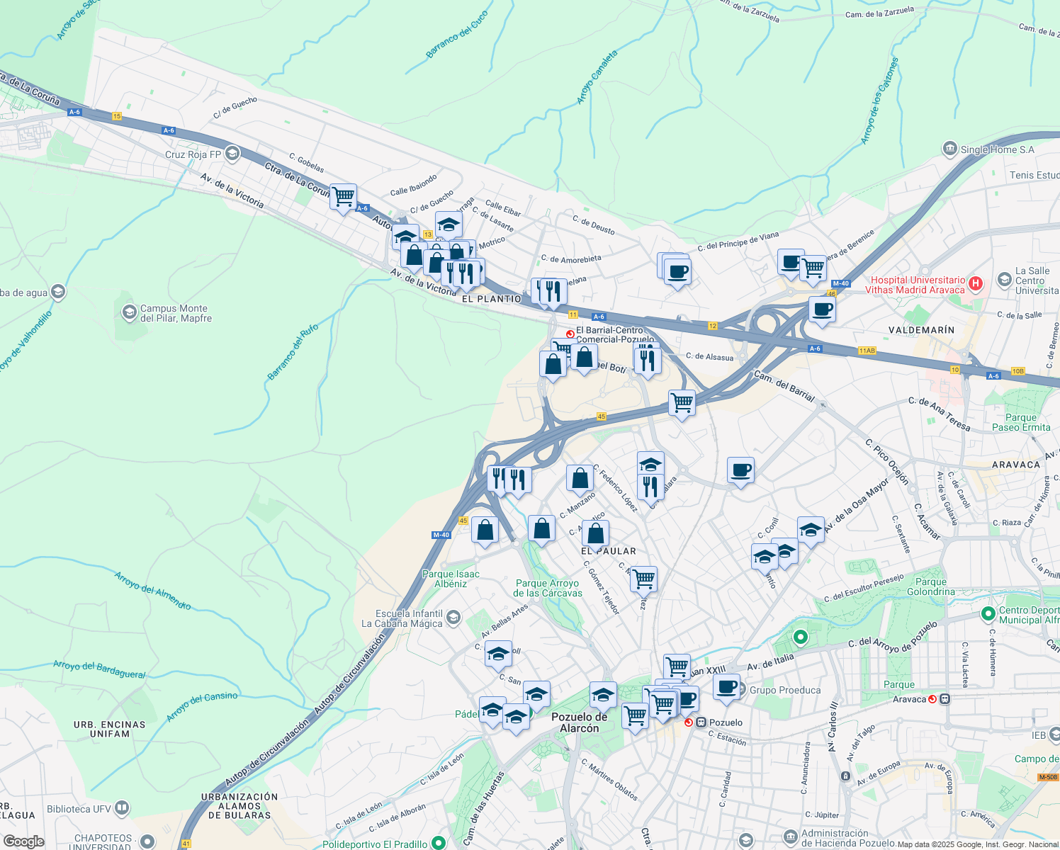 map of restaurants, bars, coffee shops, grocery stores, and more near 1 Camino del Cerro de los Gamos in Pozuelo de Alarcón