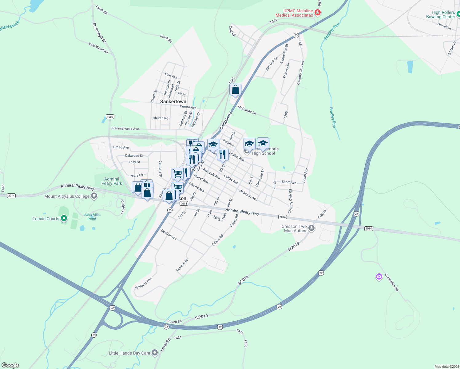 map of restaurants, bars, coffee shops, grocery stores, and more near 527 Ashcroft Avenue in Cresson
