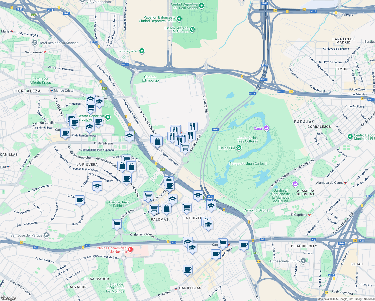 map of restaurants, bars, coffee shops, grocery stores, and more near 4 Paseo Doce Estrellas in Madrid