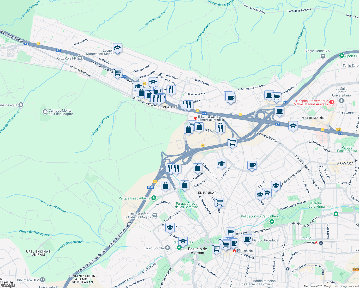 map of restaurants, bars, coffee shops, grocery stores, and more near 1 Camino del Cerro de los Gamos in Pozuelo de Alarcón