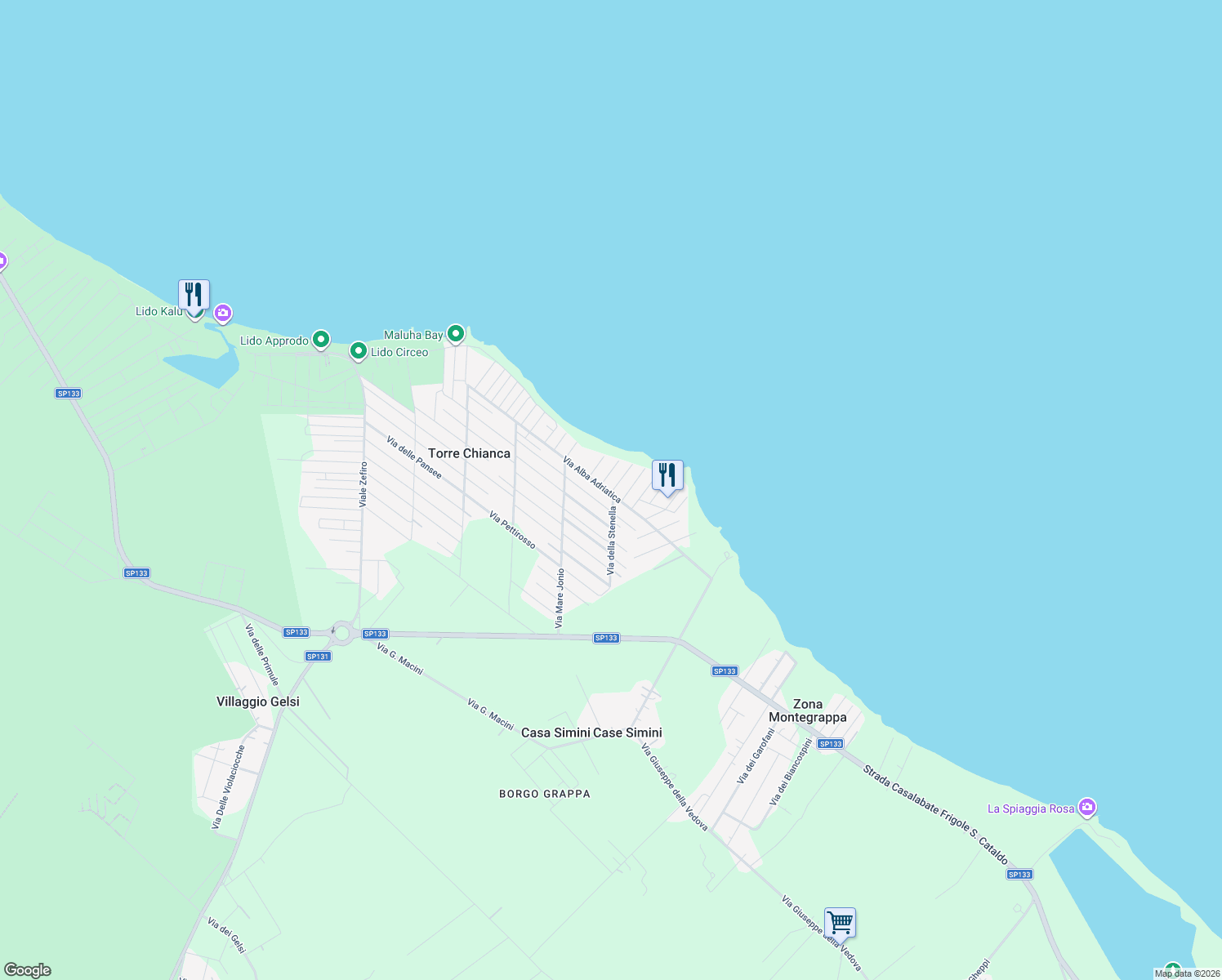 map of restaurants, bars, coffee shops, grocery stores, and more near 7 Via Pianosa in Torre Chianca