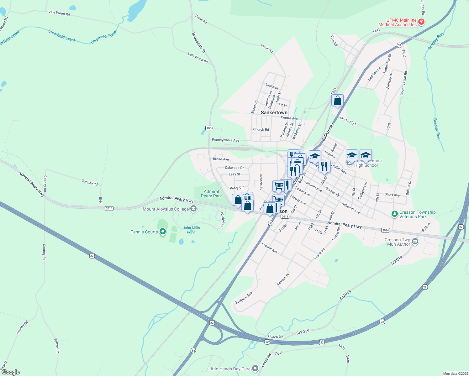 map of restaurants, bars, coffee shops, grocery stores, and more near 299 Peary Cir in Cresson