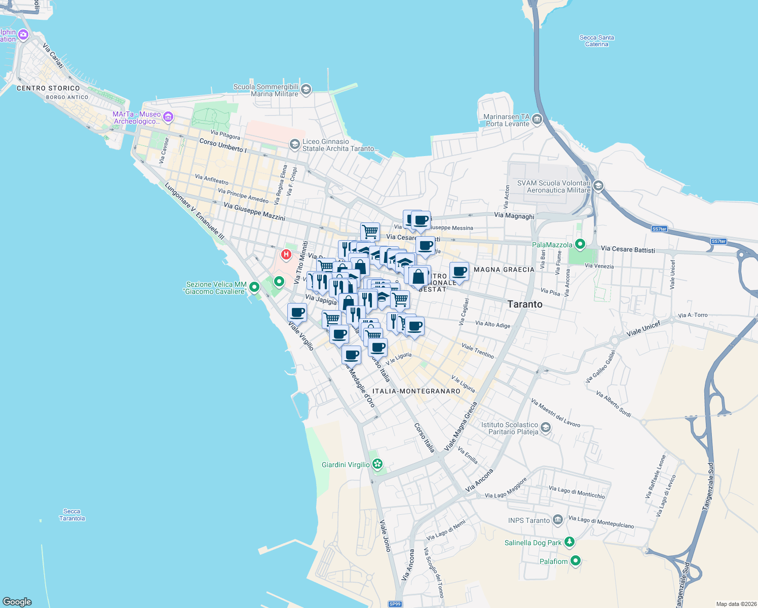 map of restaurants, bars, coffee shops, grocery stores, and more near in Provincia di Taranto