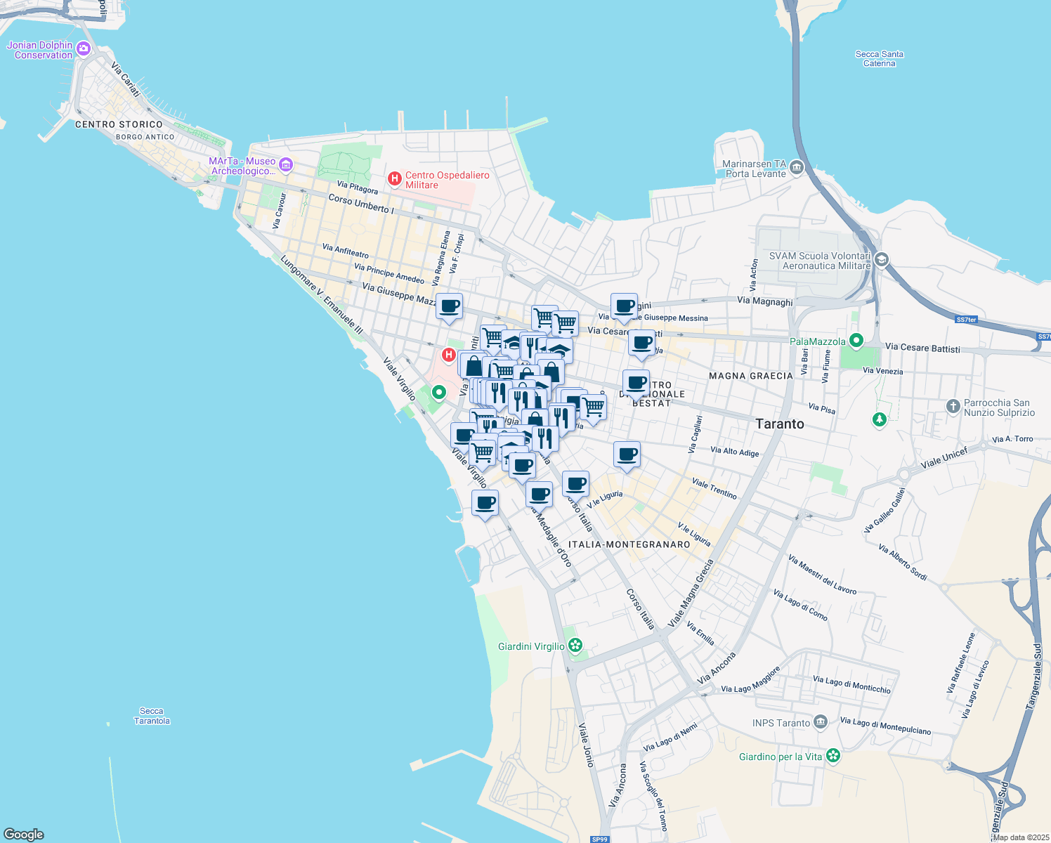 map of restaurants, bars, coffee shops, grocery stores, and more near 37 Via Japigia in Taranto