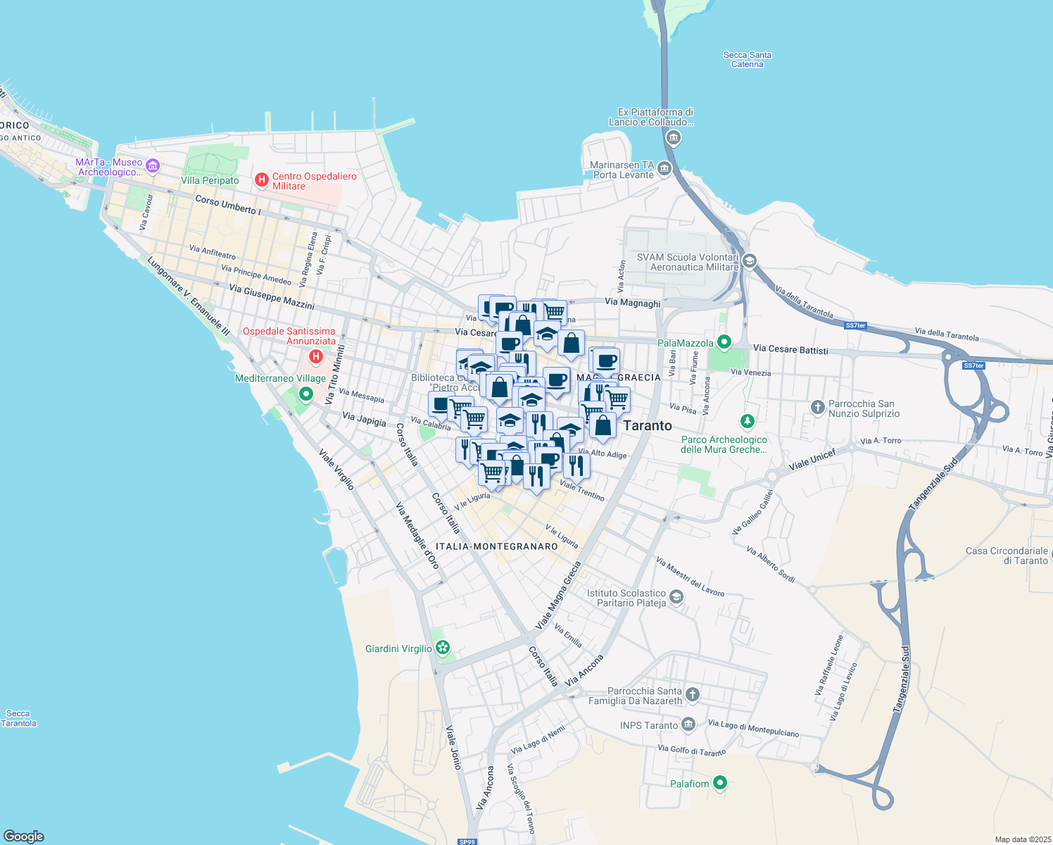 map of restaurants, bars, coffee shops, grocery stores, and more near 87 Via Plinio in Taranto