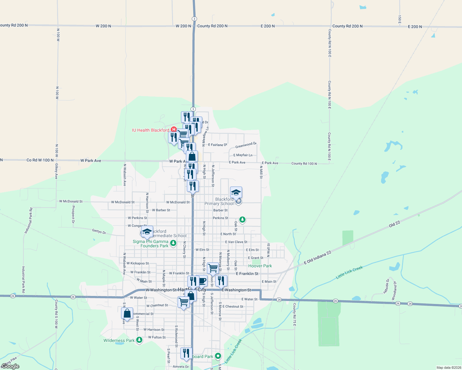 map of restaurants, bars, coffee shops, grocery stores, and more near 1414 North Mulberry Street in Hartford City