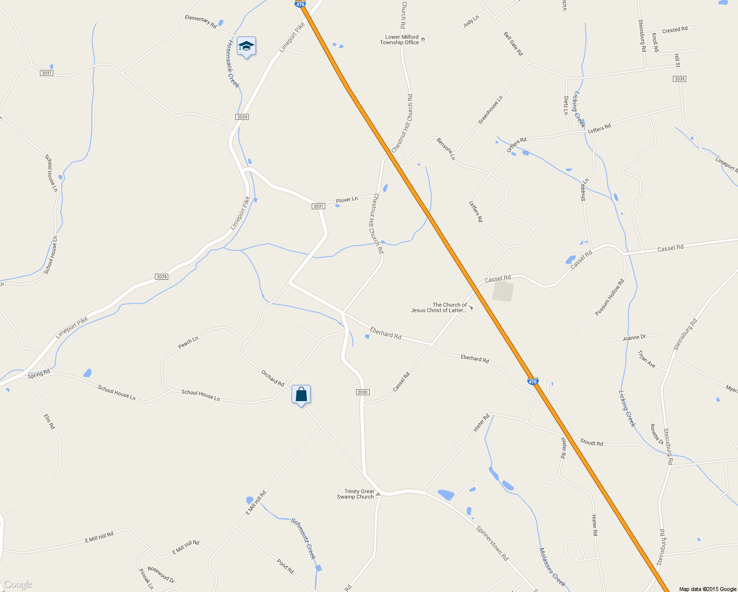 map of restaurants, bars, coffee shops, grocery stores, and more near 8423 Chestnut Hill Church Road in Coopersburg