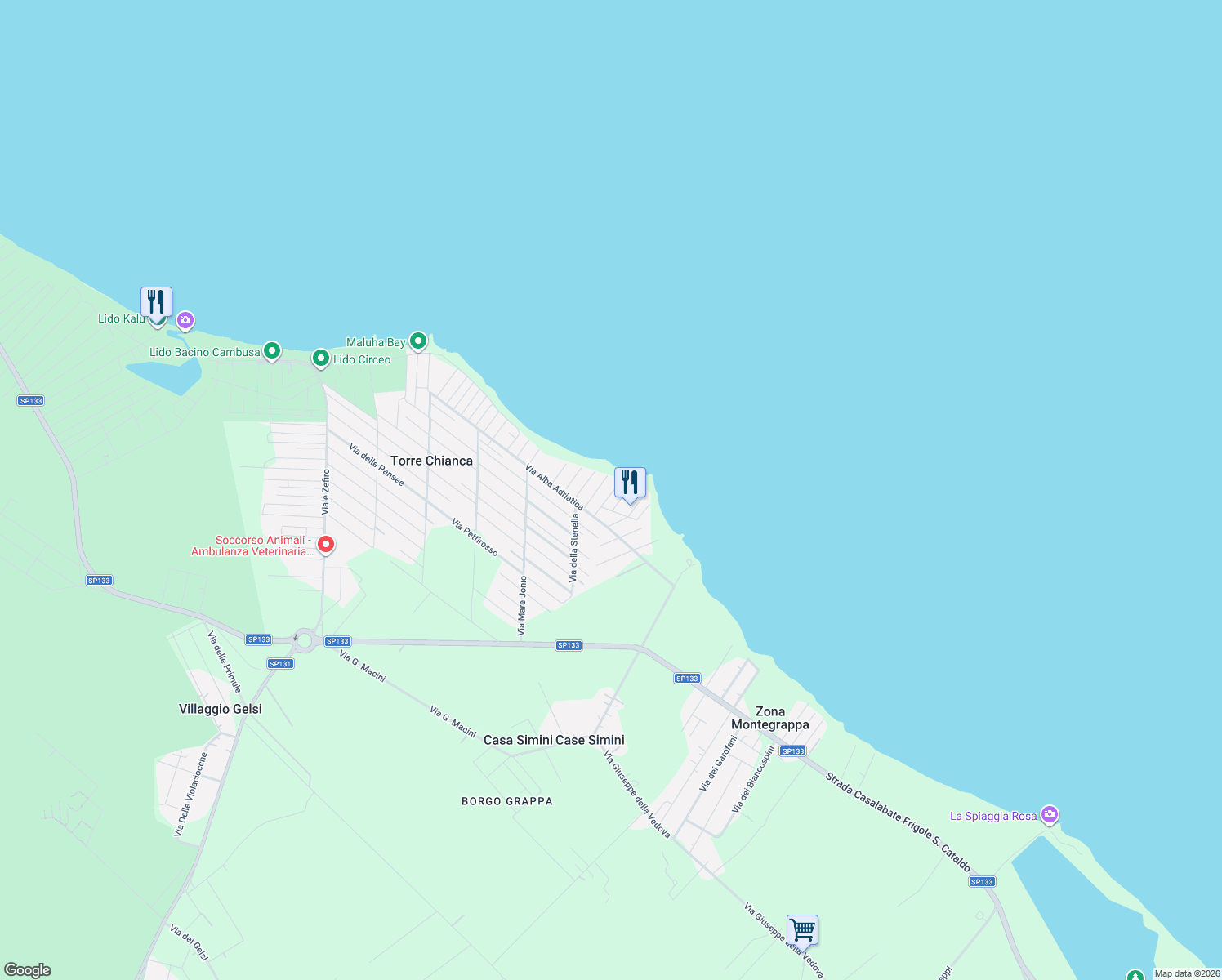 map of restaurants, bars, coffee shops, grocery stores, and more near 19 Via Levanzo in Torre Chianca