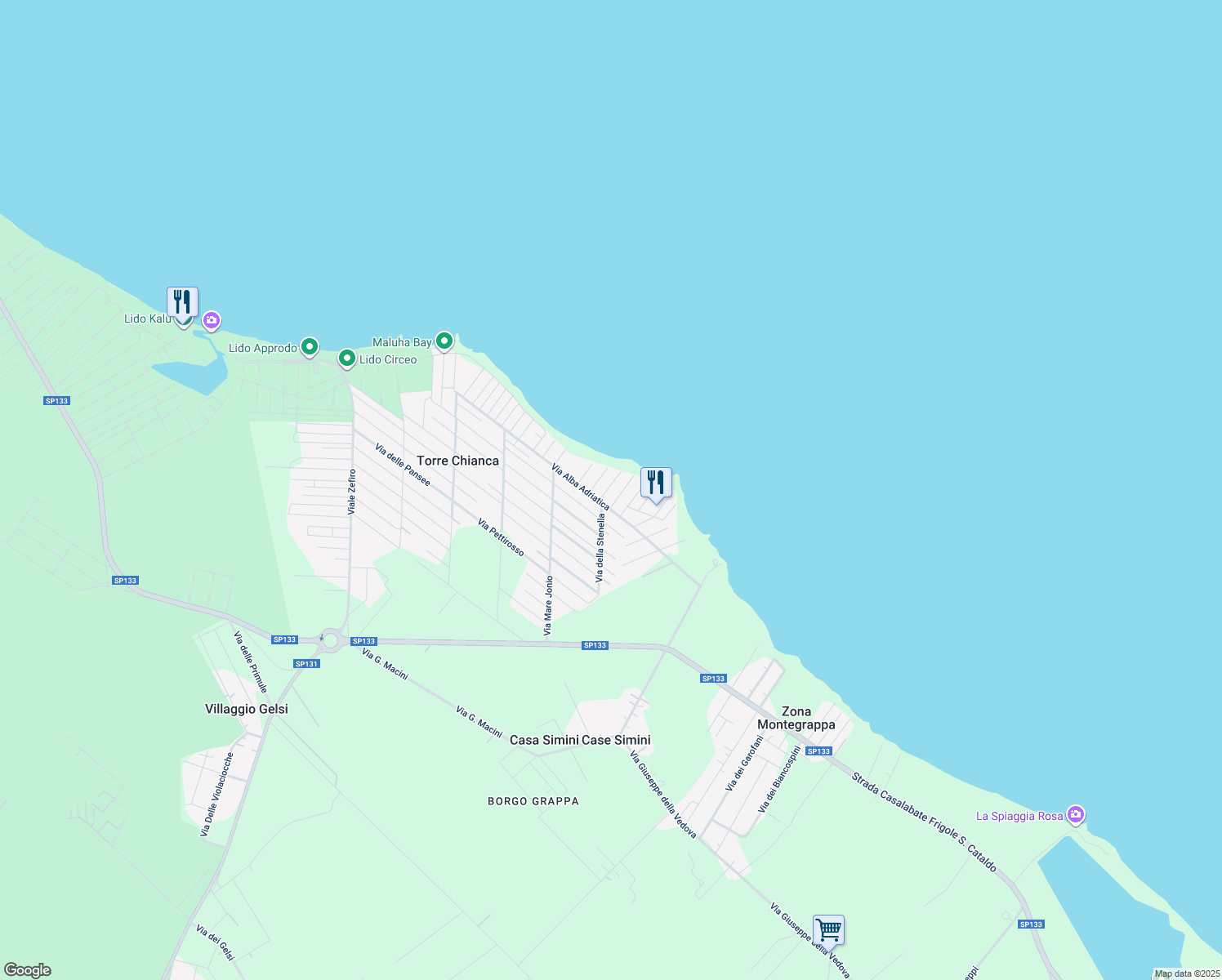 map of restaurants, bars, coffee shops, grocery stores, and more near 7 Via Pianosa in Torre Chianca