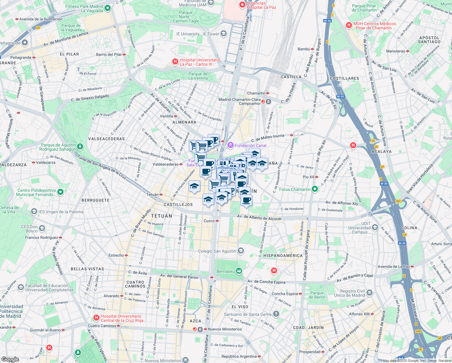 map of restaurants, bars, coffee shops, grocery stores, and more near 196 Paseo de la Castellana in Madrid