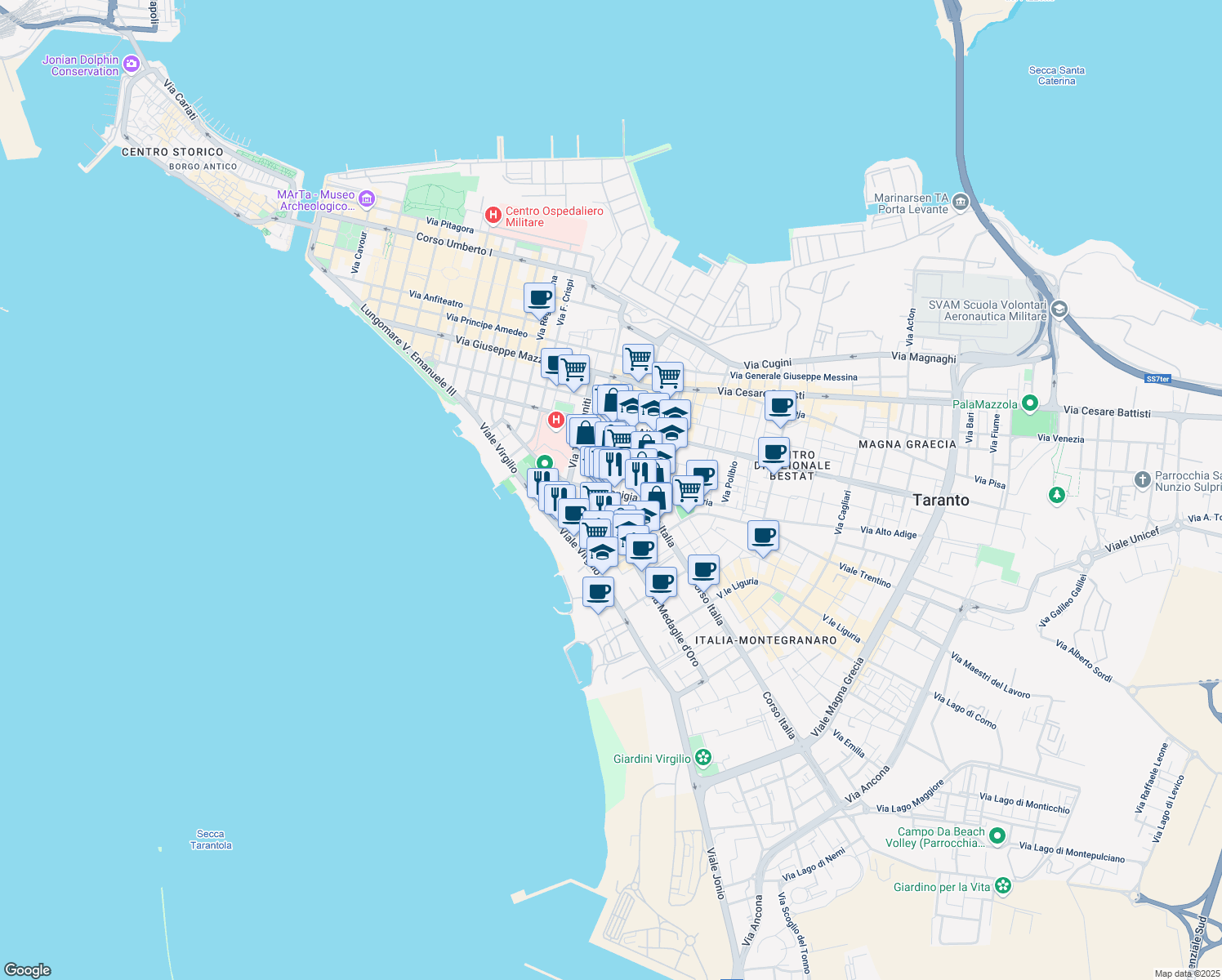 map of restaurants, bars, coffee shops, grocery stores, and more near 18-22 Via Japigia in Taranto