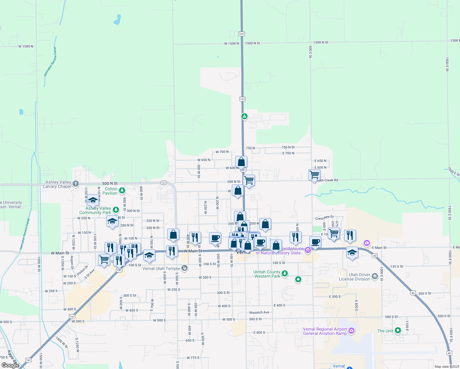 map of restaurants, bars, coffee shops, grocery stores, and more near 119 West 500 North in Vernal