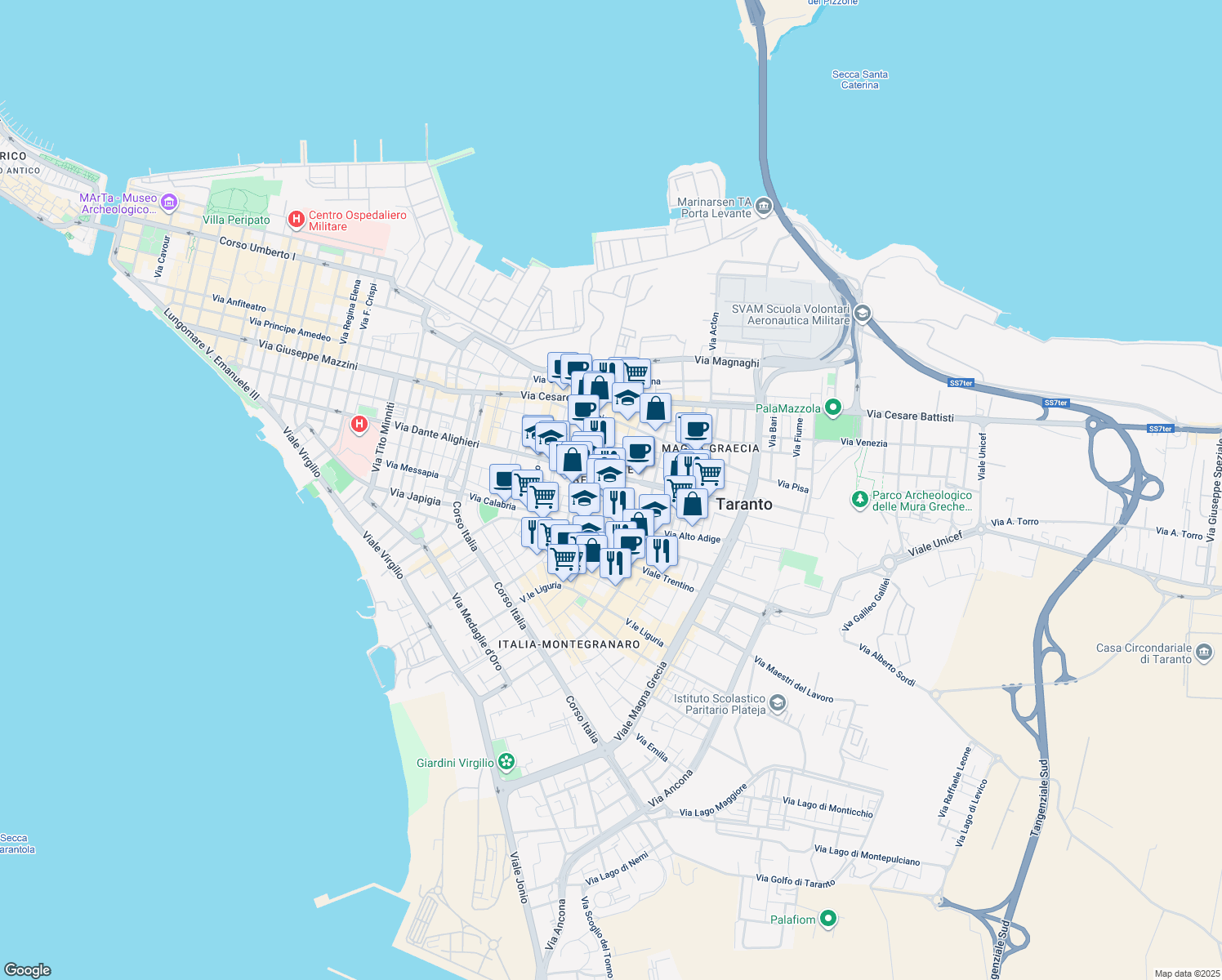map of restaurants, bars, coffee shops, grocery stores, and more near 32 Via Solito in Taranto