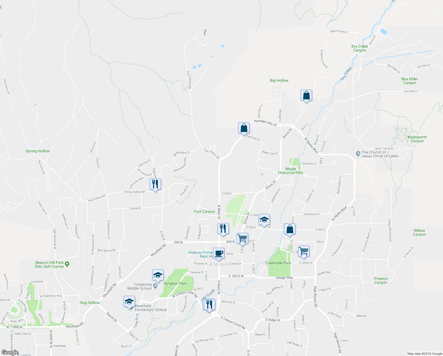 map of restaurants, bars, coffee shops, grocery stores, and more near 728 North Main Street in Alpine