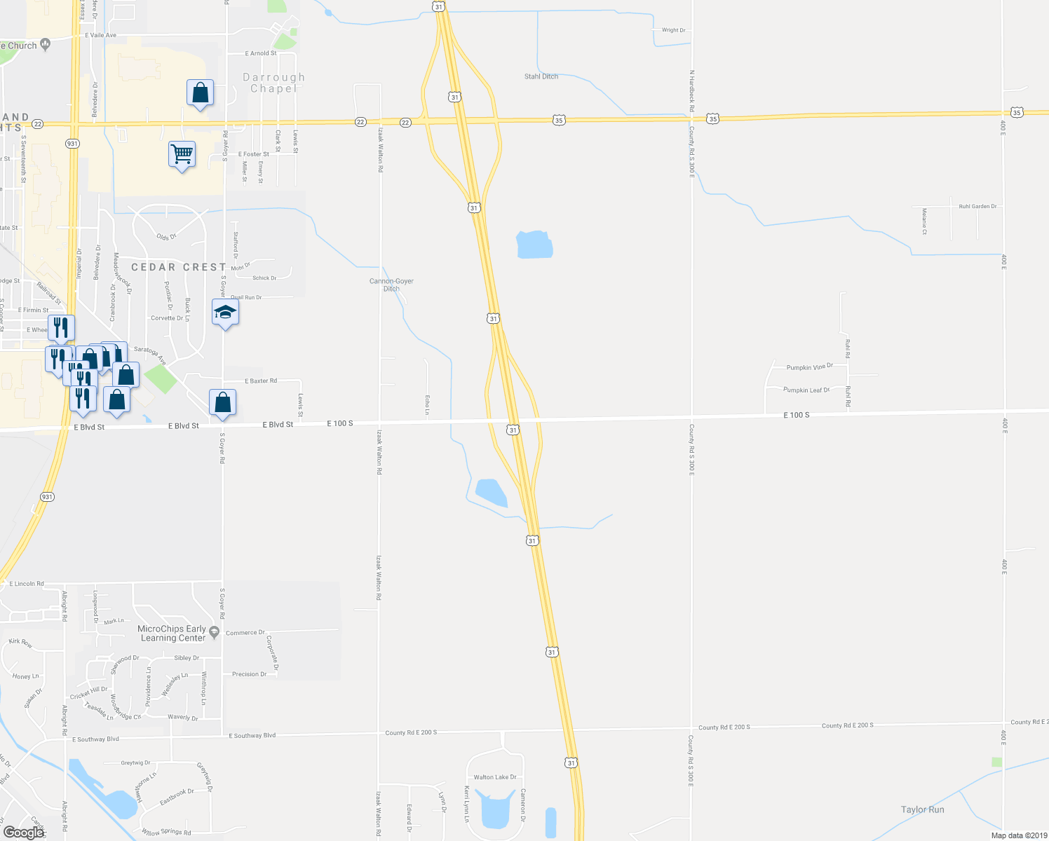 map of restaurants, bars, coffee shops, grocery stores, and more near 2747 East 100 South in Kokomo
