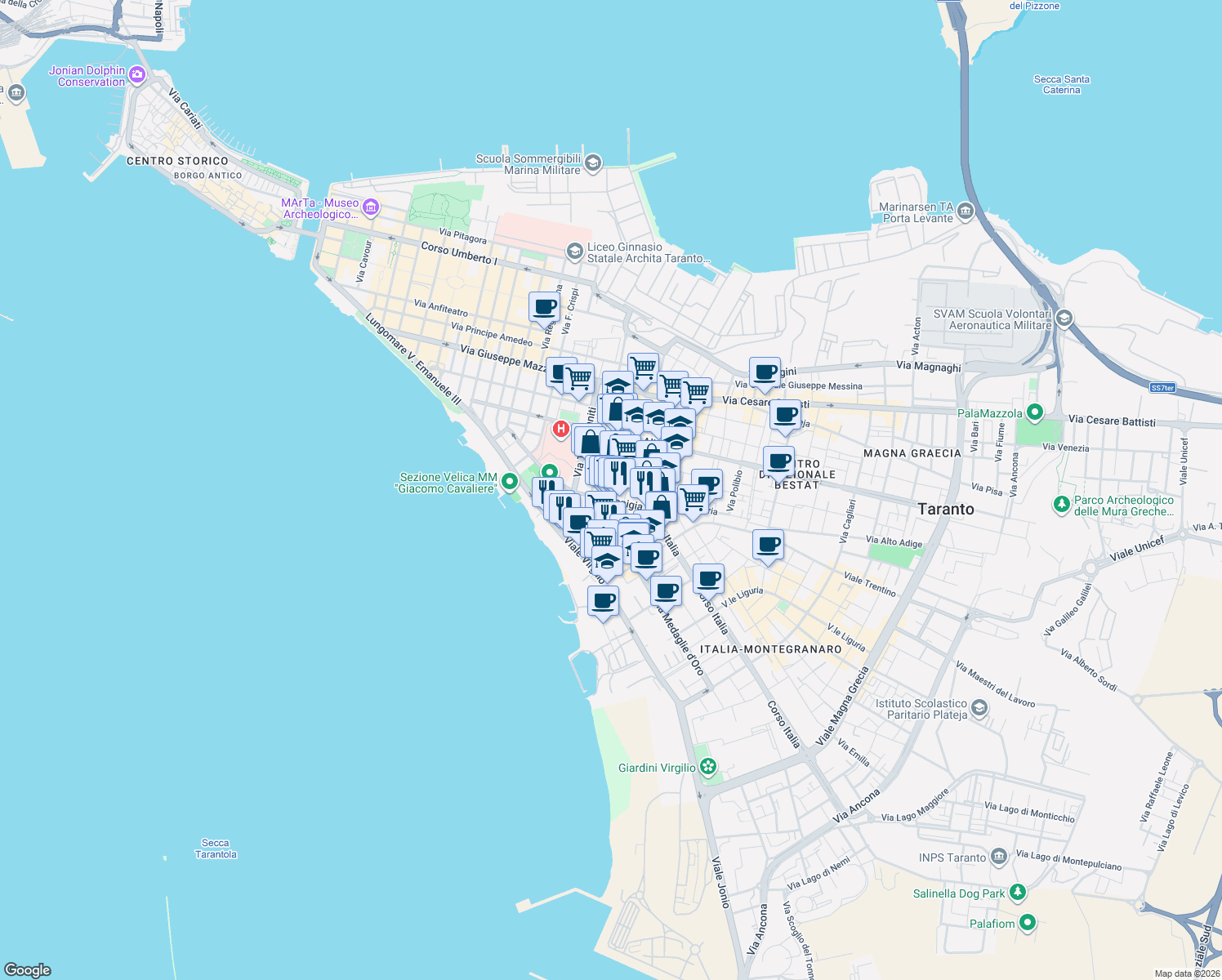map of restaurants, bars, coffee shops, grocery stores, and more near 18-22 Via Japigia in Taranto