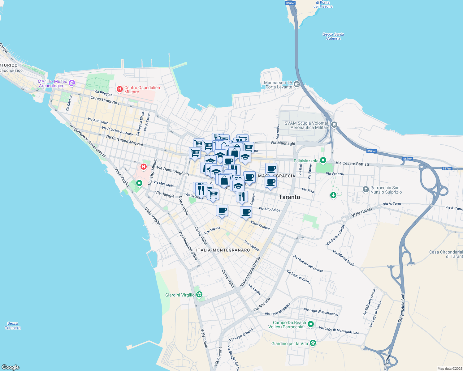 map of restaurants, bars, coffee shops, grocery stores, and more near 60 Via Salinella in Taranto