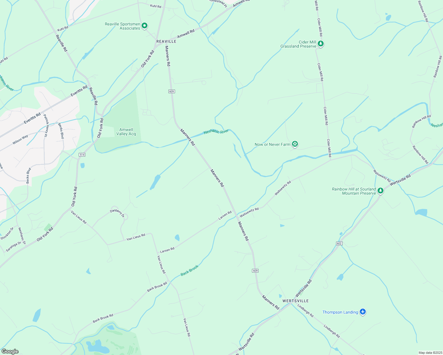 map of restaurants, bars, coffee shops, grocery stores, and more near 90 Manners Road in East Amwell Township