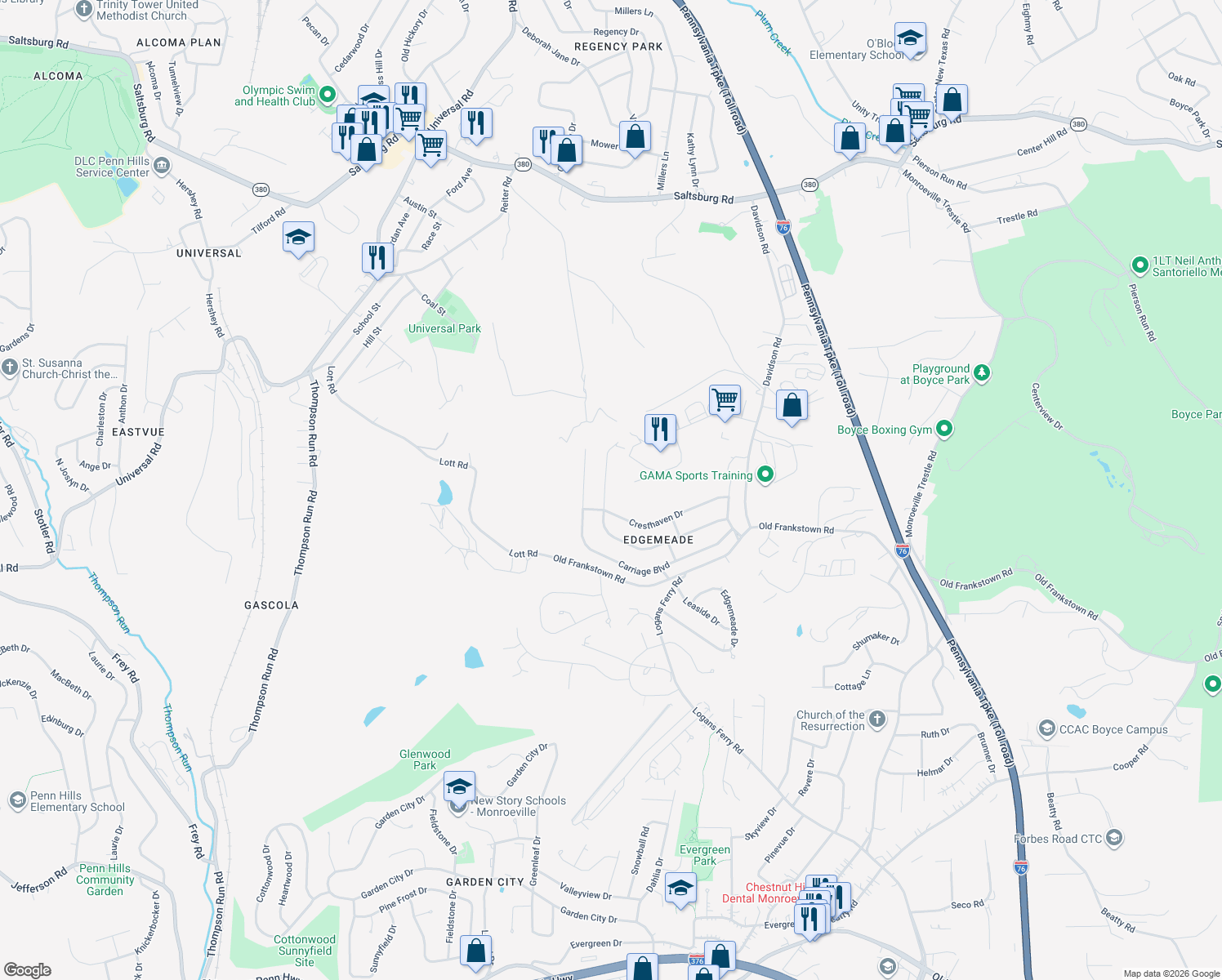 map of restaurants, bars, coffee shops, grocery stores, and more near 476 Shelbourne Drive in Pittsburgh